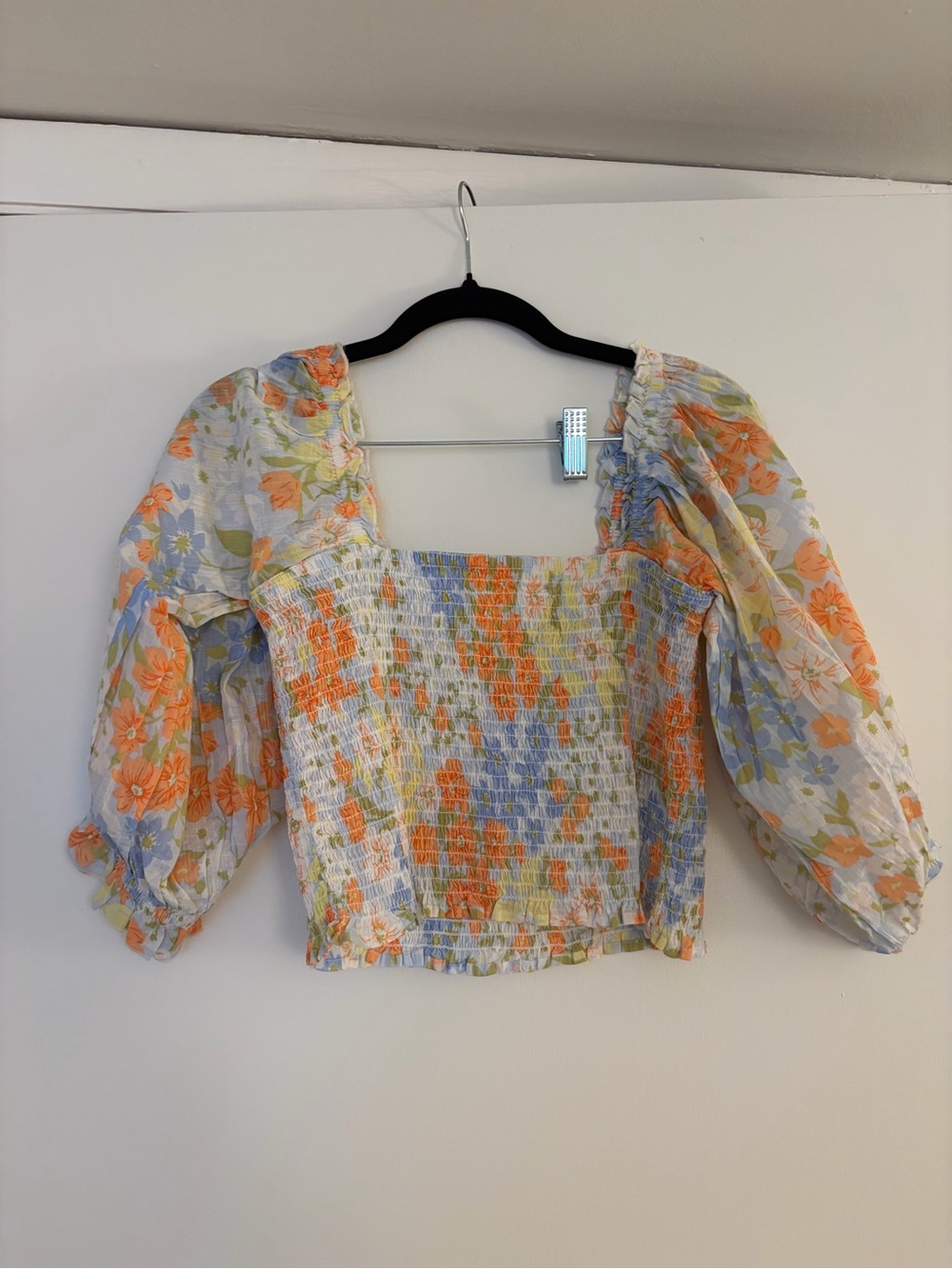 Billabong Orange & Blue Floral Smocked Puff-Sleeve Crop Top